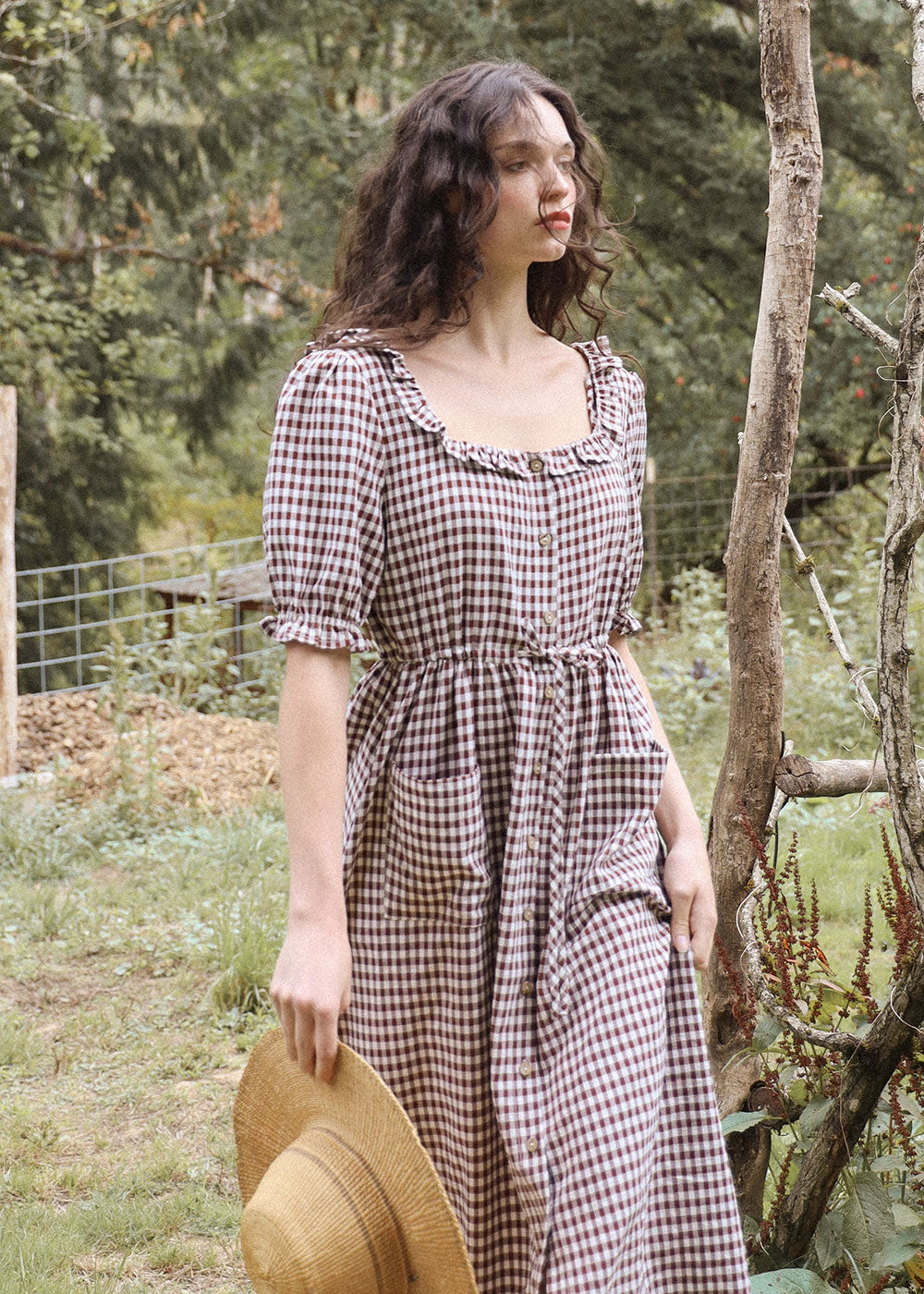 Atèlette Brown Gingham Button Down Dress - ABIGHAILE - Consciously Crafted