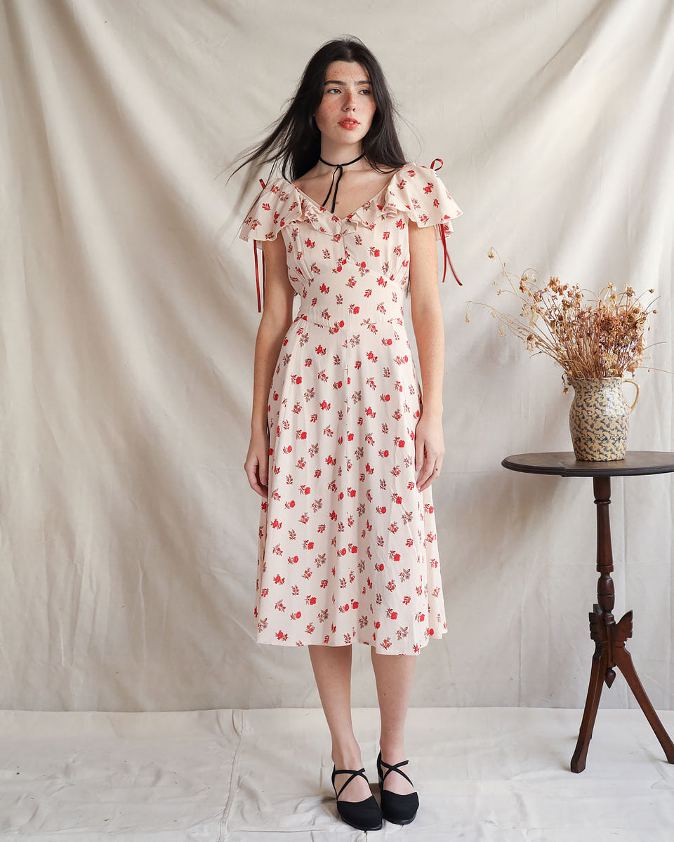 Appalonia Dress - Vintage 40s Inspired Cream Floral Print Midi Dress ...